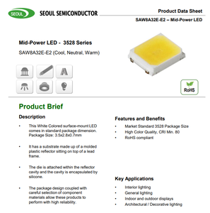 Puce LED SMD Seoul SAW8A32E-E2 5000K 80CRI 3528 9.4V 100mA, LED de puissance moyenne pour panneau lumineux - Product Image 2