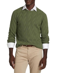 Maglione Jacquard a foglia testurizzata da uomo in cotone 100% a manica lunga girocollo con motivo tonale maglione verde oliva - Product Image 2