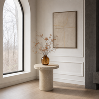 Table basse ronde en travertin naturel, base cylindrique en pierre brute, style organique moderne de luxe pour salon, personnalisable