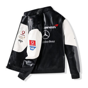 Chaqueta de Cuero PU Estilo Carreras F1 para Hombre, Chaqueta Bomber con Parches Bordados de McLaren <span class=keywords><strong>Mercedes</strong></span> <span class=keywords><strong>Benz</strong></span>, Chaqueta de Motociclista - Product Image 2