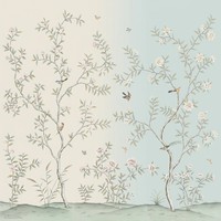 Papier peint de luxe Chinoiserie écologique non tissé, motif floral vert rose et branches d'oiseaux, pour la décoration de hôtels européens et de maisons.