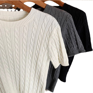 2025 OEM Supplier's Custom Women's <strong>Thin</strong> Cropped Sweater <strong>Jumper</strong> <strong>Ladies</strong> Casual Short-Sleeved Pullover with Twisted Cable Knit Crew Neck - Product Image 2