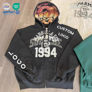 复古哥特式街装定制标志水钻骷髅印花兜帽重量级超大男女通用拉链运动衫 - Product Image 1