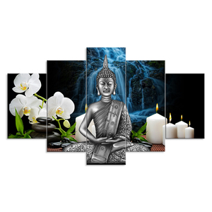 Decoración de pared pintura Buda arte imagen papel pintado retrato Deco venta al por mayor rústico hogar 5 paneles lienzo - Product Image 1