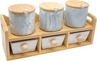 Lot de 6 pots à épices et condiments en céramique marbrée grise avec couvercles en bambou, support de cuisine et cuillères à usage alimentaire