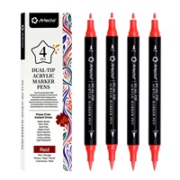 Stylo de peinture acrylique à double pointe Artecho Rouge, lot de 4 - Pointe fine et pointe pinceau - Ensemble de marqueurs de peinture acrylique