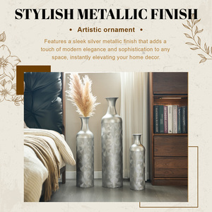 Set di 3 vasi da terra in metallo argentato con motivo a onde, cilindri alti decorativi per il soggiorno - Product Image 6