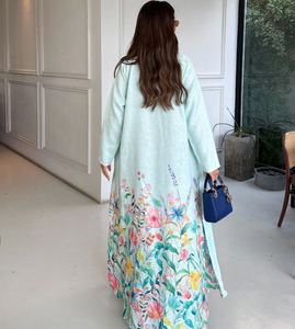 Abaya de Lino Premium LEDUO Azul con Patrones Florales Bordados a Mano, Larga hasta el Suelo, Mangas Largas, Pañuelo Sólido del Mismo Color - Product Image 2