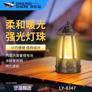 โคมไฟตั้งแคมป์ LED รูปฉลามยิ้ม แบบชาร์จไฟได้ พกพาสะดวก สไตล์เรโทร พร้อมตะขอสำหรับเต็นท์กลางแจ้ง - Product Image 4
