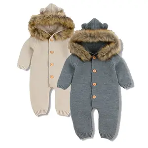 Ready to ship baby kids winter knitted romper newborn baby winter warm overall fur hooded coverall