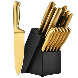TOALLWIN Ensemble <span class=keywords><strong>de</strong></span> 14 couteaux <span class=keywords><strong>de</strong></span> <span class=keywords><strong>cuisine</strong></span> en acier inoxydable, couteaux <span class=keywords><strong>de</strong></span> <span class=keywords><strong>cuisine</strong></span> en titane doré, ensemble <span class=keywords><strong>de</strong></span> couteaux <span class=keywords><strong>de</strong></span> chef avec bloc en bois noir - Product Image 1