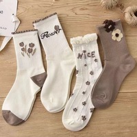 Chaussettes d'hiver pour femmes, style preppy, couleur café, motif fleuri, dentelle, mi-mollet