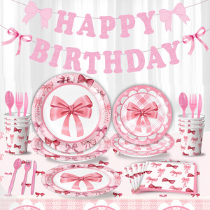 Decorações de Aniversário com Laço Rosa, Utensílios de Festa, Pratos, Guardanapos e Copos para Meninas em Aniversário Rosa e Decorações de Festa de Despedida de Solteira - Product Image 2