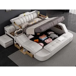 Mobiliário de quarto em couro luxuoso king size, conjunto de cama de madeira moderna multifuncional para massagem e armazenamento, ideal para quarto de luxo
