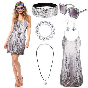 70s femmes <span class=keywords><strong>Disco</strong></span> Costume tenue paillettes métal paillettes accessoires de fête élégants - Product Image 1
