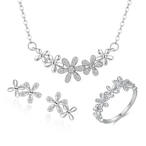 时尚白金雏菊项链耳环戒指套装925纯银立方氧化锆花卉饰品套装节日礼品