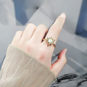 The Anxiety Relief <b>Ring</b> Adjustable Inlay Shell Pearl Zircon Copper Gold Plated Anti <b>Stress</b> Rotating Sunflower Jewelry For Unisex - Product Image 3