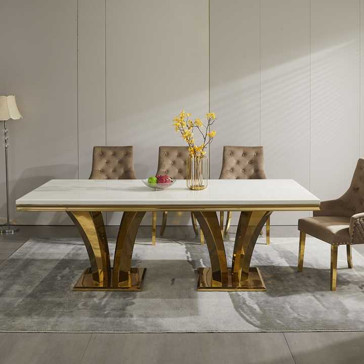 Luxury FrenchStyle Dining Table Set Modern Golden Stainless Steel