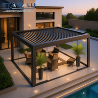 Pergola en aluminium haut de gamme avec toit à lames orientables rétractables et portes vitrées pour section de restauration extérieure de café commercial
