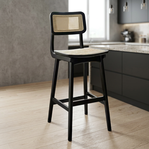 Silla de Bar Moderna y Resistente con Asiento y Respaldo de Ratán, Base Cromada y Estructura de Madera Negra para Hogar, Bar, Hotel, Comedor, Cafetería y Restaurante - Product Image 5