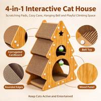 Griffoir pour chat en forme de sapin de Noël, griffoir multi-niveaux en carton ondulé avec niche pour chat et jouet clochette suspendu