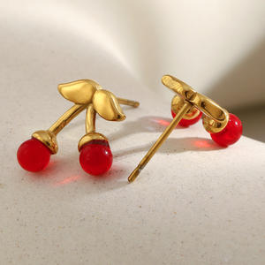 Pendientes de tuerca de cereza de acero inoxidable chapados en oro para mujer, joyería de moda <span class=keywords><strong>E476</strong></span> - Product Image 4