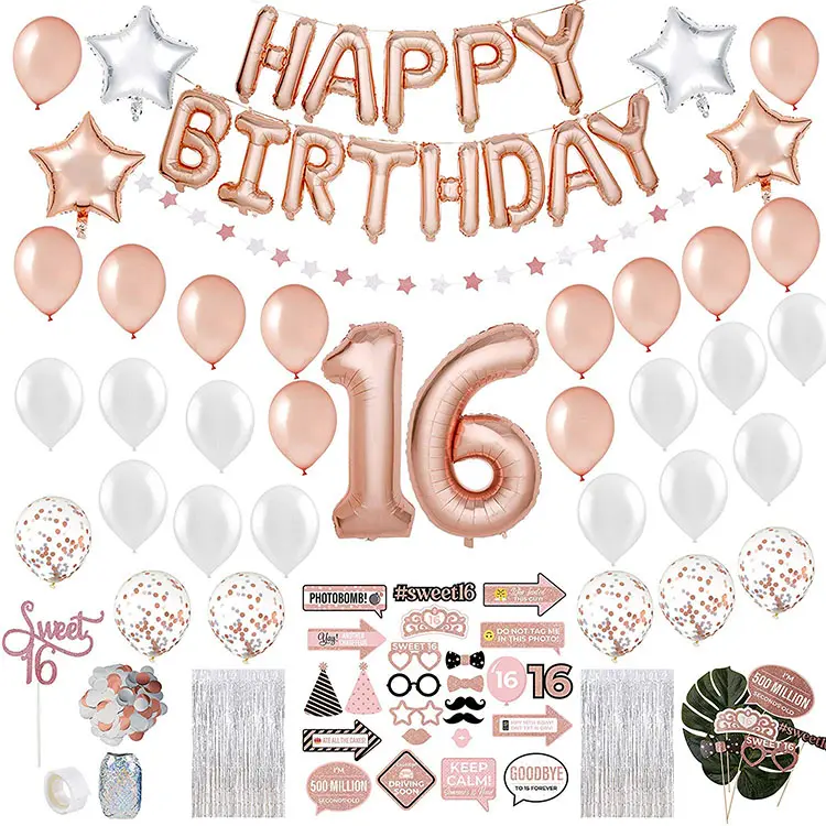 Nicro-suministros de fiesta de cumpleaños para niña, telón de fondo y accesorios de decoración de fiesta de cumpleaños, oro rosa dulce 16 con fotomatón