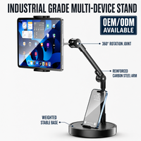 Support de bureau 2-en-1 pour phablet avec bras mécanique et rotation réglable à 360° compatible avec iPad toutes marques et support de téléphone