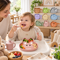 Ensemble de vaisselle pour enfants avec animaux de dessin animé, assiette en silicone, cuillère et fourchette pour bébés et tout-petits