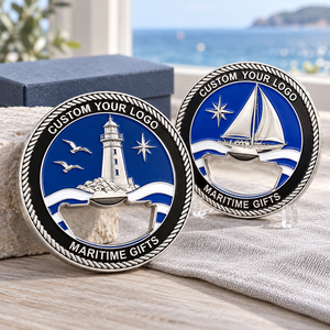Décapsuleurs nautiques personnalisés, pièces de monnaie commémoratives, dorées et argentées, avec phare et voilier en émail, cadeaux d'entreprise - Product Image 2