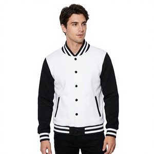 Men's White Black Varsity <b>Jacket</b> Fleece Material Casual Style Turn-down Collar Regular Fit Autumn Wear - Product Image 1