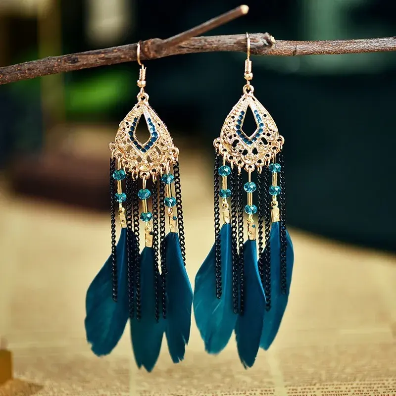 Bohemian Handmade Crystal Bead Feather Chain Tassel Long Earrings For Women Vacation Style Jewelry