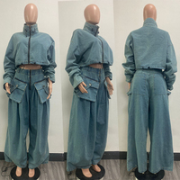 GX1015 Fashion Boutique Style Vintage Femmes Manches Longues Col Roulé Élégant Denim Tops et Loose Cargo Jean Pant 2 Pièces Sets