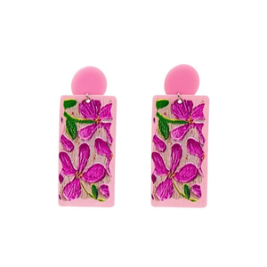 Orecchini dipinti rettangolari con disegno floreale rosa, gioielli di tendenza per donna - Product Image 1