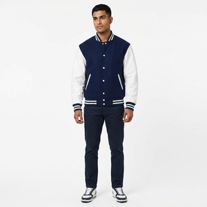 <b>Mens</b> Navy <b>White</b> Varsity <b>Jacket</b> Contrast Sleeves Stand Collar Cuffs Hem Covered Button Closure Custom Front Breathable Waterproof - Product Image 1