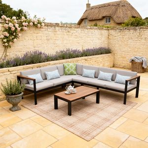 Conjunto de Muebles de Jardín de 6 Piezas con Estructura de Aluminio, Cojines Personalizables y Mesa con Superficie de Madera - Product Image 1