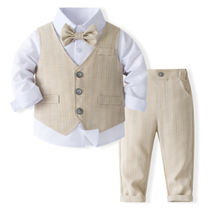 Catpapa <span class=keywords><strong>Completo</strong></span> da Cerimonia per Bambini 4 Pezzi: Camicia Bianca, Gilet a Righe Kaki, Pantaloni e Papillon - Product Image 1