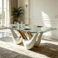 Table à manger de luxe en fibre de verre, base incurvée blanc-or, plateau en verre trempé, table rectangulaire pour villa et maison