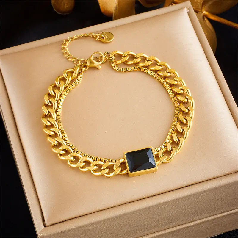 Pulseira de aço inoxidável 316L simples banhada a ouro preto quadrado charme pulseira de corrente cubana esmaltada preta joia para mulheres