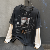 T-shirt à manches longues double couche en coton gaufré délavé et vieilli avec logo personnalisé pour homme