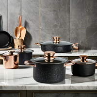 Batterie de cuisine ensemble de casseroles et de poêles ensemble de marmites antiadhésives pierre médicale en fonte avec couvercle en verre Offre Spéciale 8 pièces en métal noir