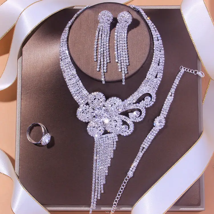 Qushine Multi-style Bridal rhinestone Jewelry Set Flower Necklace Earrings Bracelet Ring Set Wedding crystal Jewelry Sets