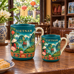 Tasse en céramique souvenir du Vietnam avec motif lotus de la <span class=keywords><strong>baie</strong></span> de <span class=keywords><strong>Ha</strong></span> <span class=keywords><strong>Long</strong></span> – Vente en gros de tasses à café en porcelaine à motif de monument asiatique, personnalisables - Product Image 3