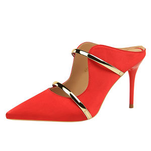 1788-2 stile europeo e Americano femminile <span class=keywords><strong>sexy</strong></span> sandali stiletto tacco alto in raso bocca superficiale a punta cava di metallo pantofole - Product Image 3