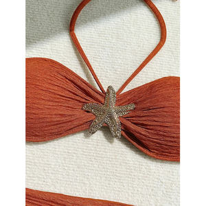 Conjunto de Bikini Texturizado de 3 Piezas <span class=keywords><strong>para</strong></span> Mujer, Traje de Baño Halter con Estrella de Mar y Pedrería, con Pareo <span class=keywords><strong>para</strong></span> la Playa <span class=keywords><strong>en</strong></span> Verano - Product Image 4