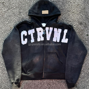 Sweat à capuche zippé Y2K noir en molleton French Terry, style streetwear, effet délavé, broderie, patchwork en coton, personnalisable - Product Image 1