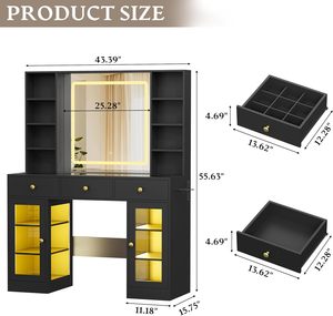 Tocador de Maquillaje Negro con Espejo Iluminado HD y Enchufe, Mesa de Tocador con Tapa de Cristal, Cajones y Armarios, 3 Modos de Iluminación - Product Image 2