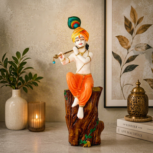 EOB International Handmade Resin Sitting Lord Krishna Tree <b>Statue</b> Traditional Design <b>Religious</b> Art Home Decor Diwali Wedding - Product Image 1