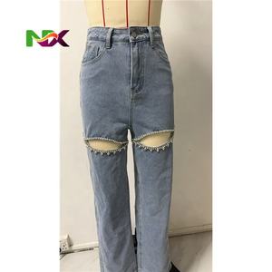 <span class=keywords><strong>Jeans</strong></span> Casual da Donna Personalizzati Taglie Forti <span class=keywords><strong>Jeans</strong></span> Ecoparty da Donna Gamba Larga Alta Qualità Denim Blu Ultimo Design con Buchi e Strappi - Product Image 3