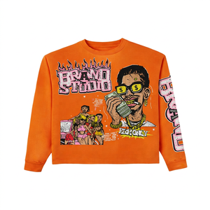 Orange <b>Long</b> <b>Sleeve</b> <b>Crop</b> <b>Top</b> <b>With</b> Cartoon Print Streetwear Style Men's Oversized Jersey T-Shirt - Product Image 1